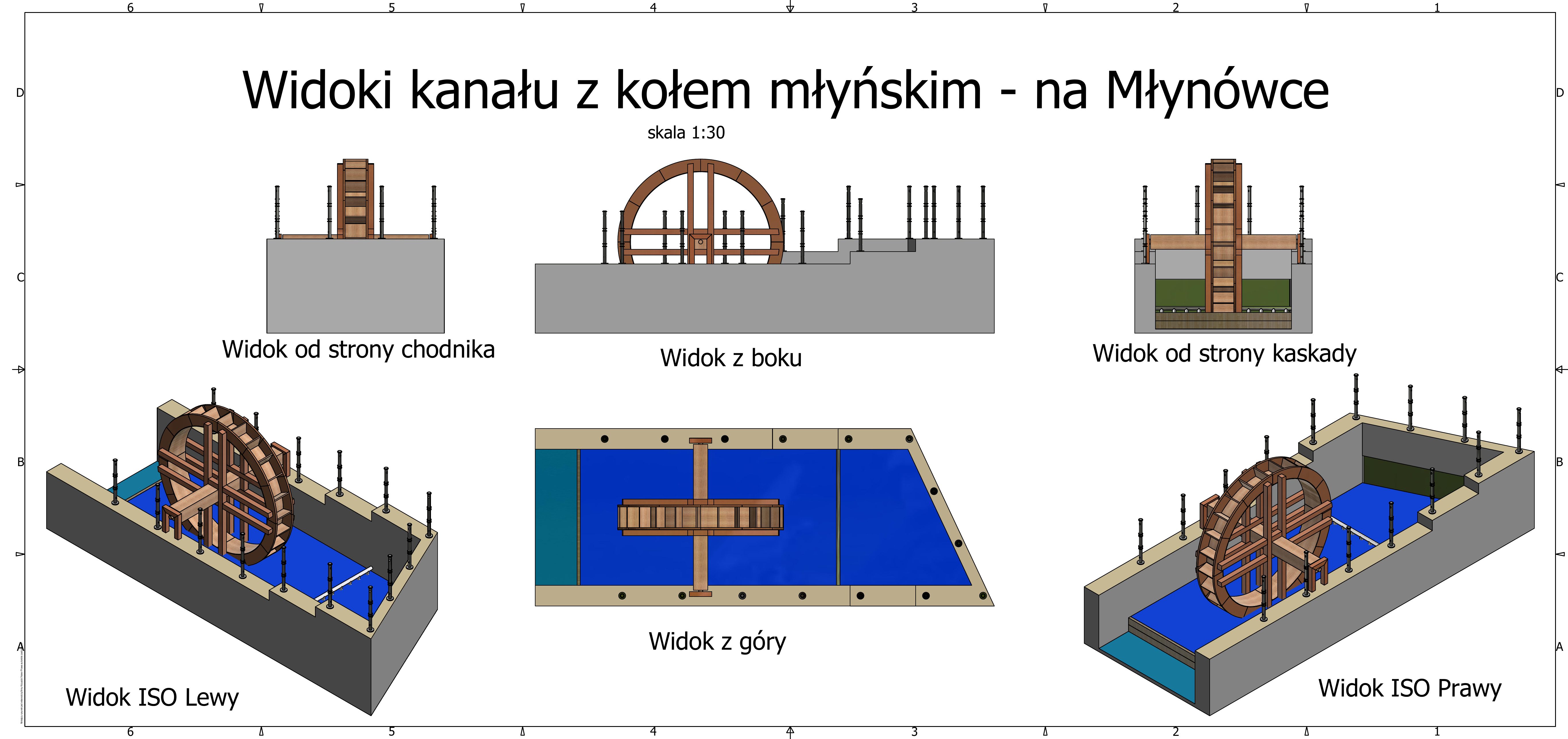 Arkusz 2 — Widoki kanału z kołem młyńskim na Młynówce (skala 1:30)