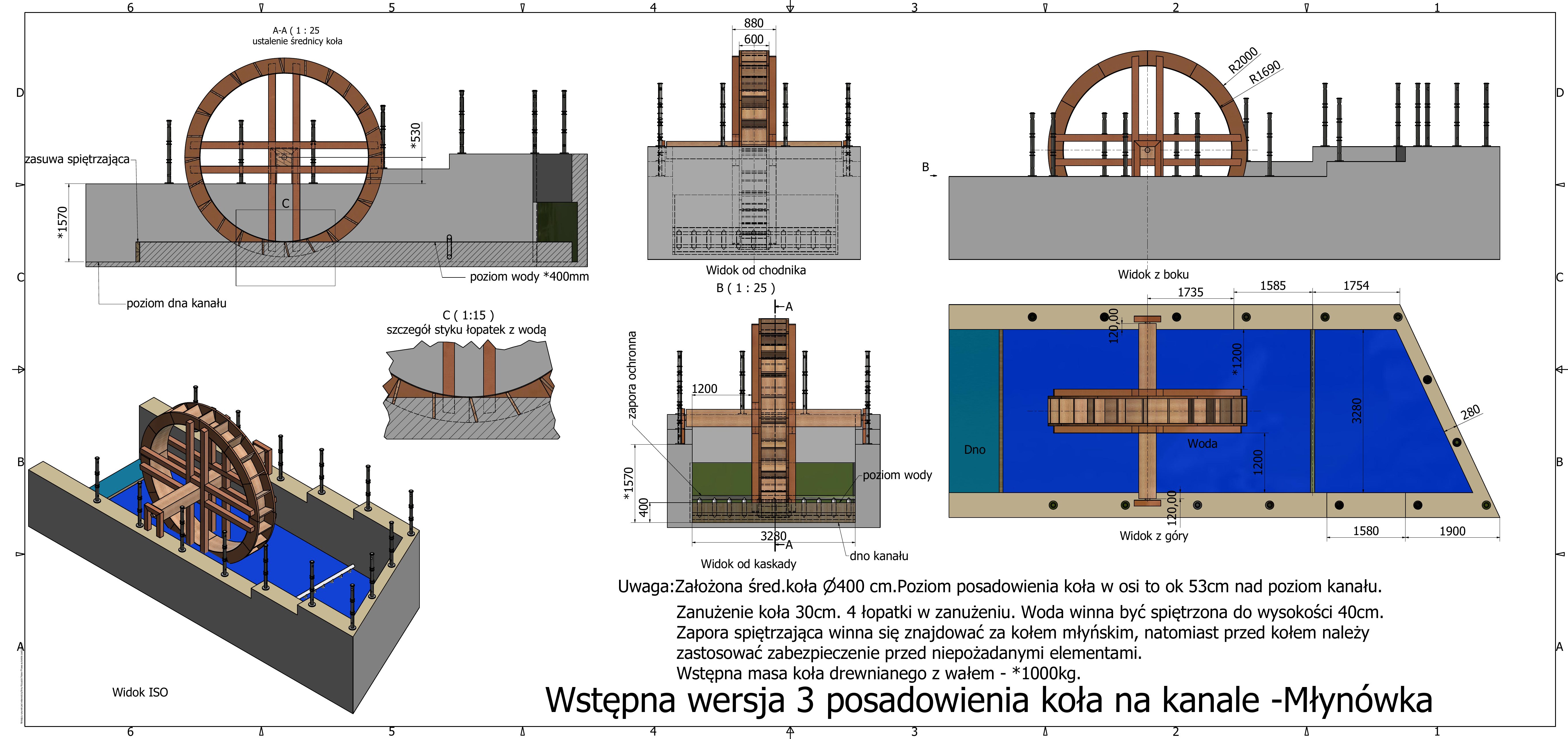 Arkusz 1 — Przekroje i wymiary: średnica koła, poziom wody, zasuwa