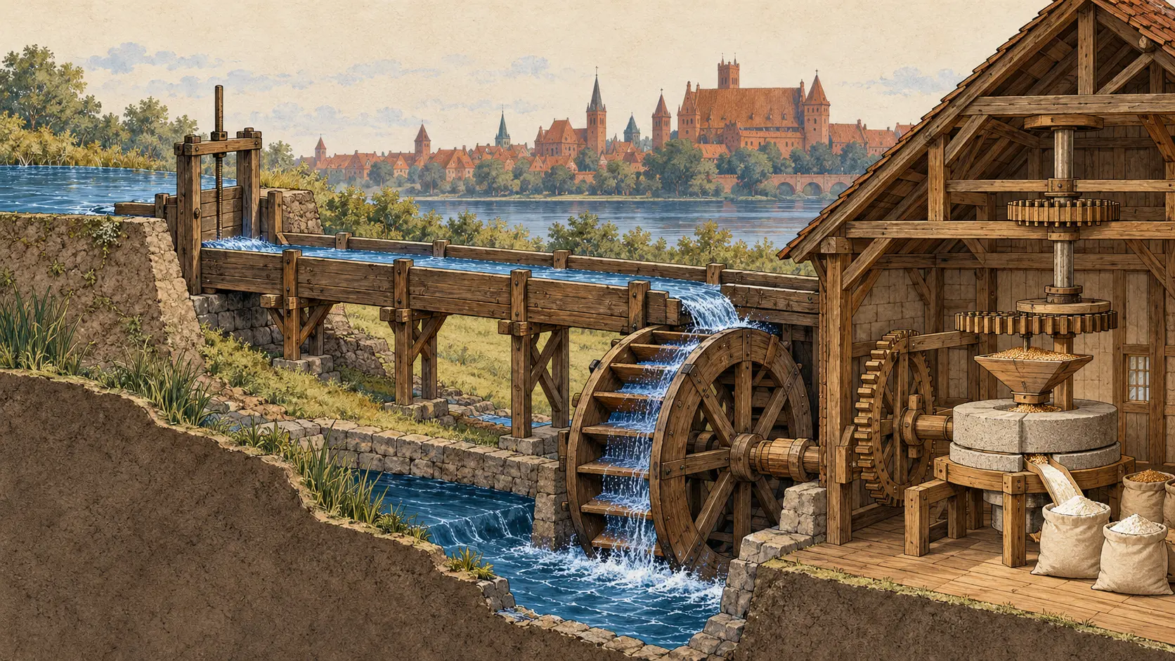 Ilustracja młyna wodnego z kołem nasiębiernym, z panoramą zamkowego miasta w tle